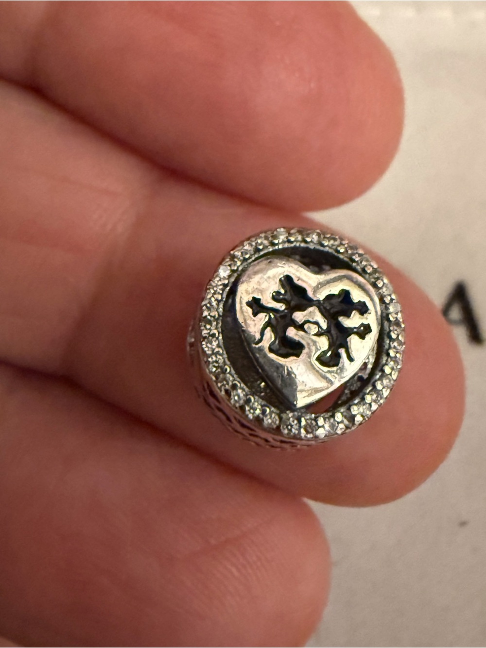 Pandora Silver Heart Charm with Cutout Figures and Crystal Border